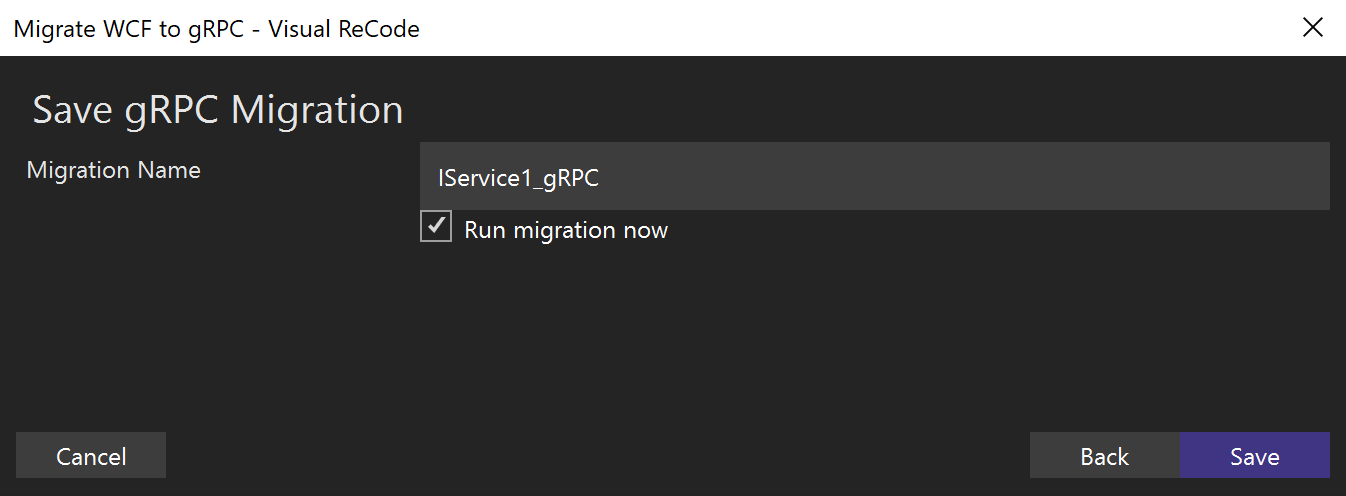 Save gRPC Migration wizard page