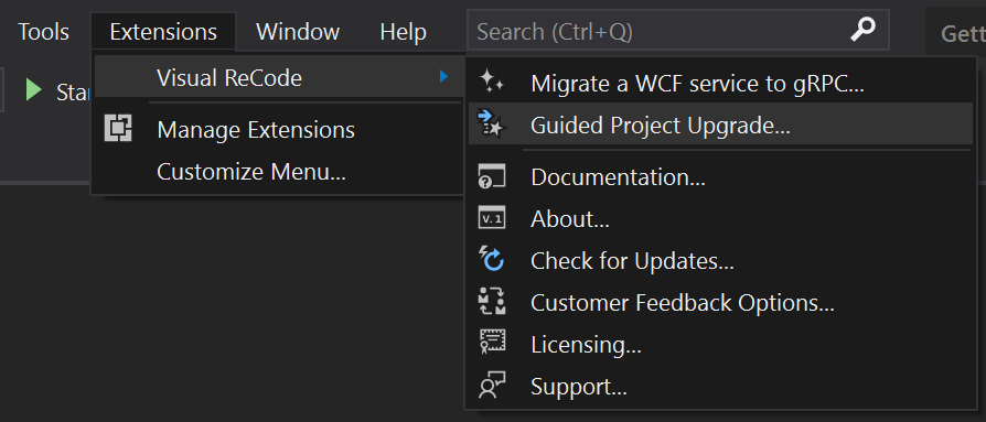 Screenshot of the two migration options in the extension menu